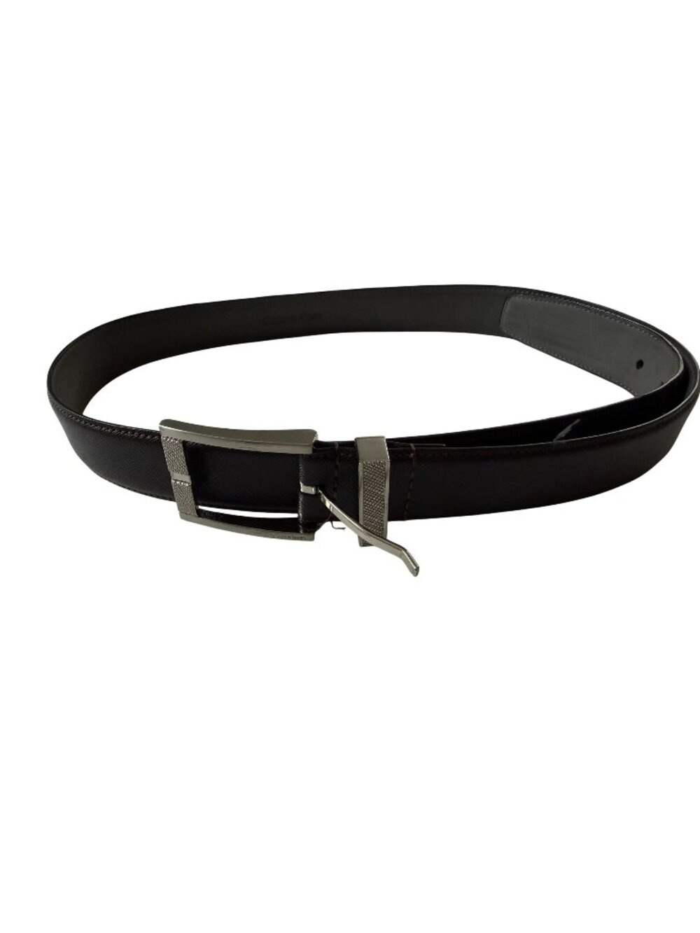 Calvin Klein Men’s M 34-36 Dark Brown Synthetic Leather Dress Belt Silver Buckle